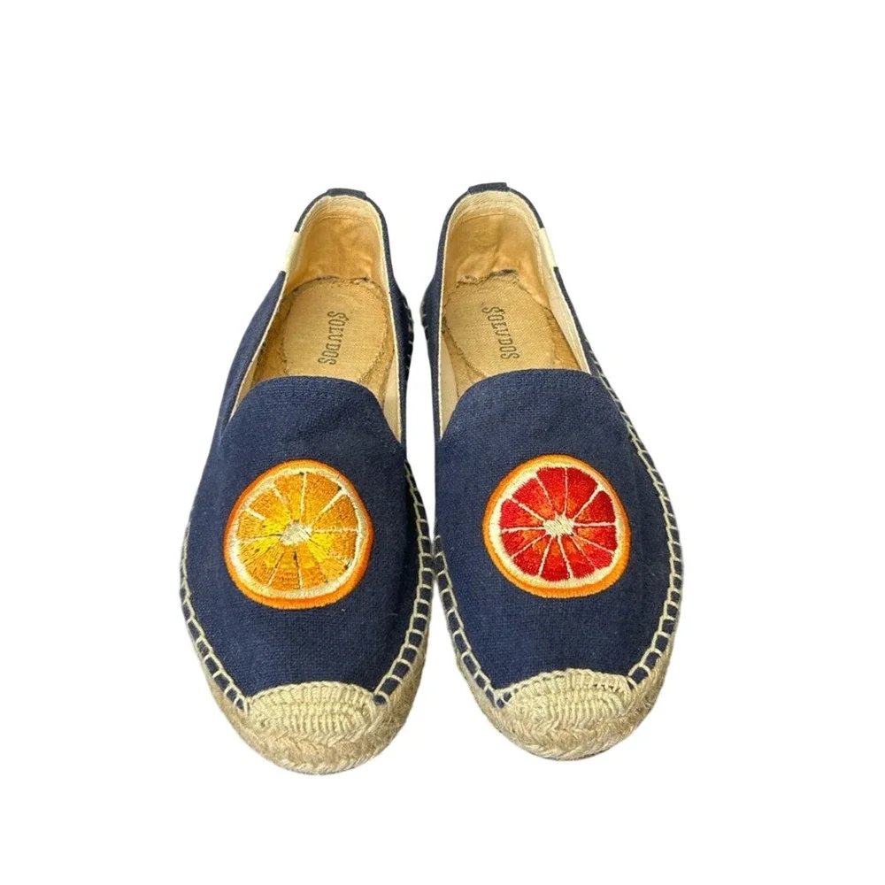 Soludos Navy Blue Citrus Fruit‎ Embroidered Espadrilles Size 7.5 Summer Shoe